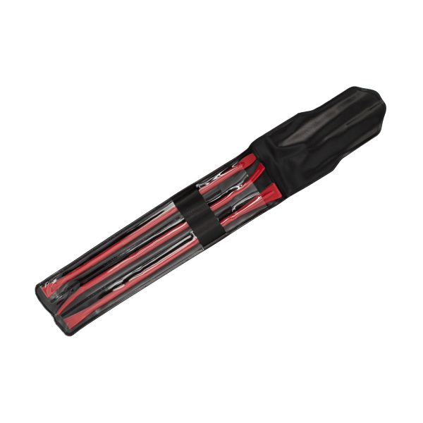Top view of Red 3-Pack Spatula Kit with all three spatulas inside the kit which includes Crew Tool's #1, #2, and #3 spatulas.