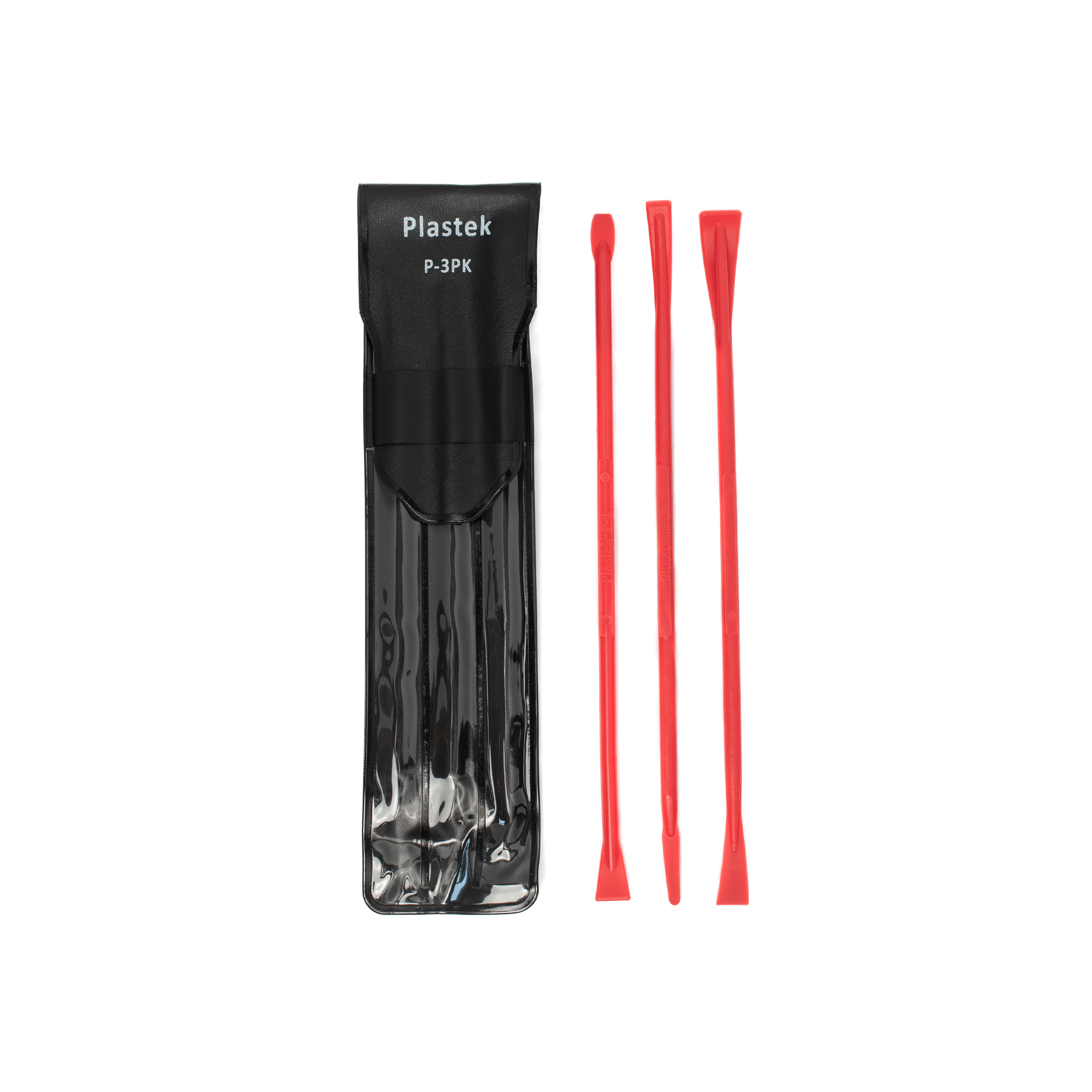 Top view of Red 3-Pack Spatula Kit with all three spatulas outside the kit which includes Crew Tool's #1, #2, and #3 spatulas.