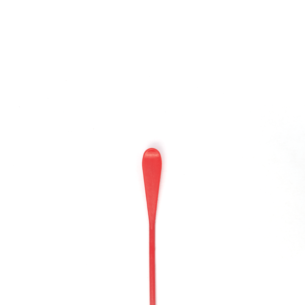 Top close-up view of wide tip width of our red long double-ended use spatula P-11 which measure 9/16".