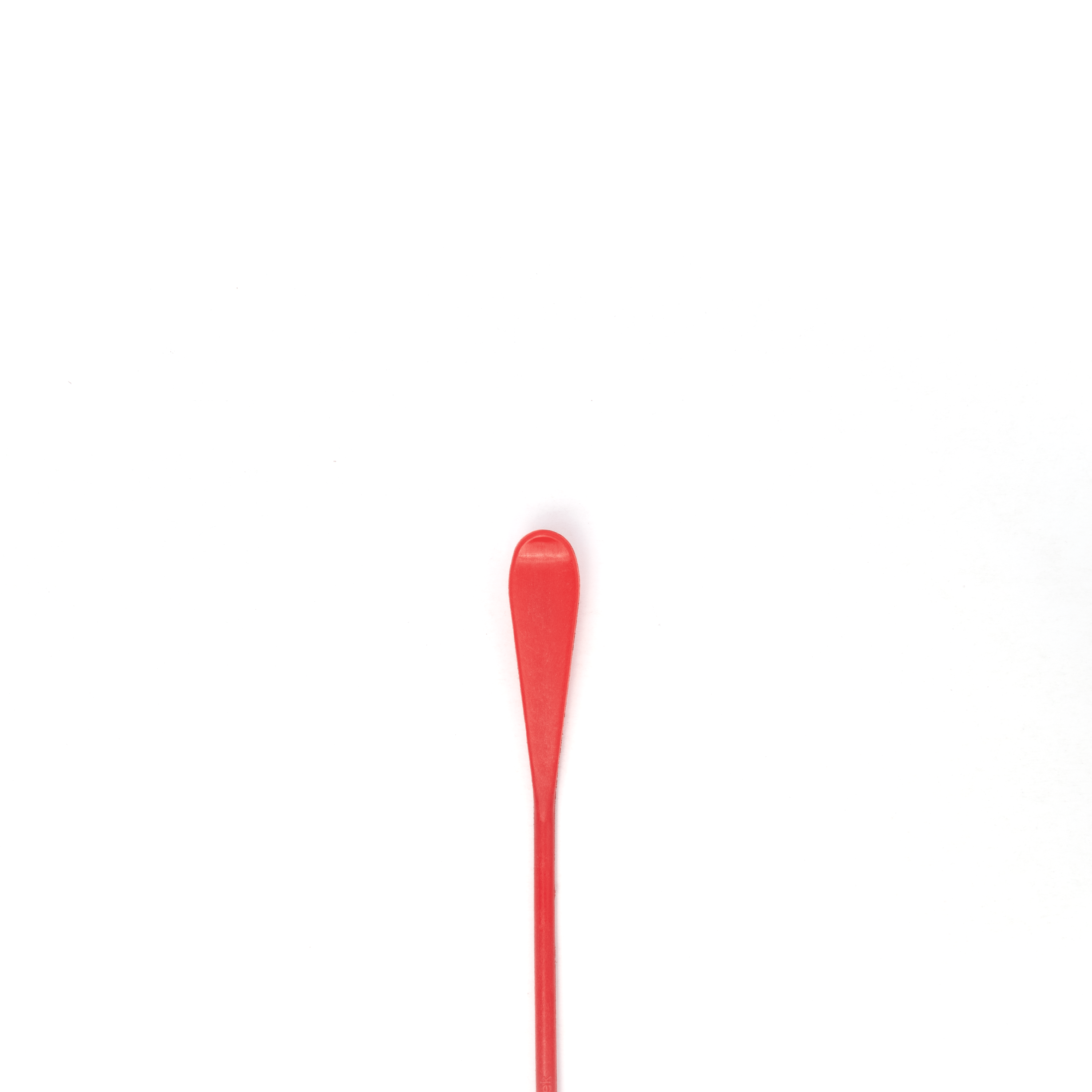 Top close-up view of wide tip width of our red long double-ended use spatula P-11 which measure 9/16