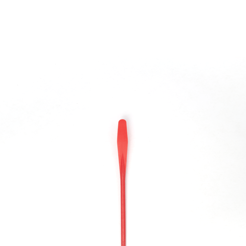 Top close-up view of short tip width of our red long double-ended use spatula P-11 which measure 9/32".