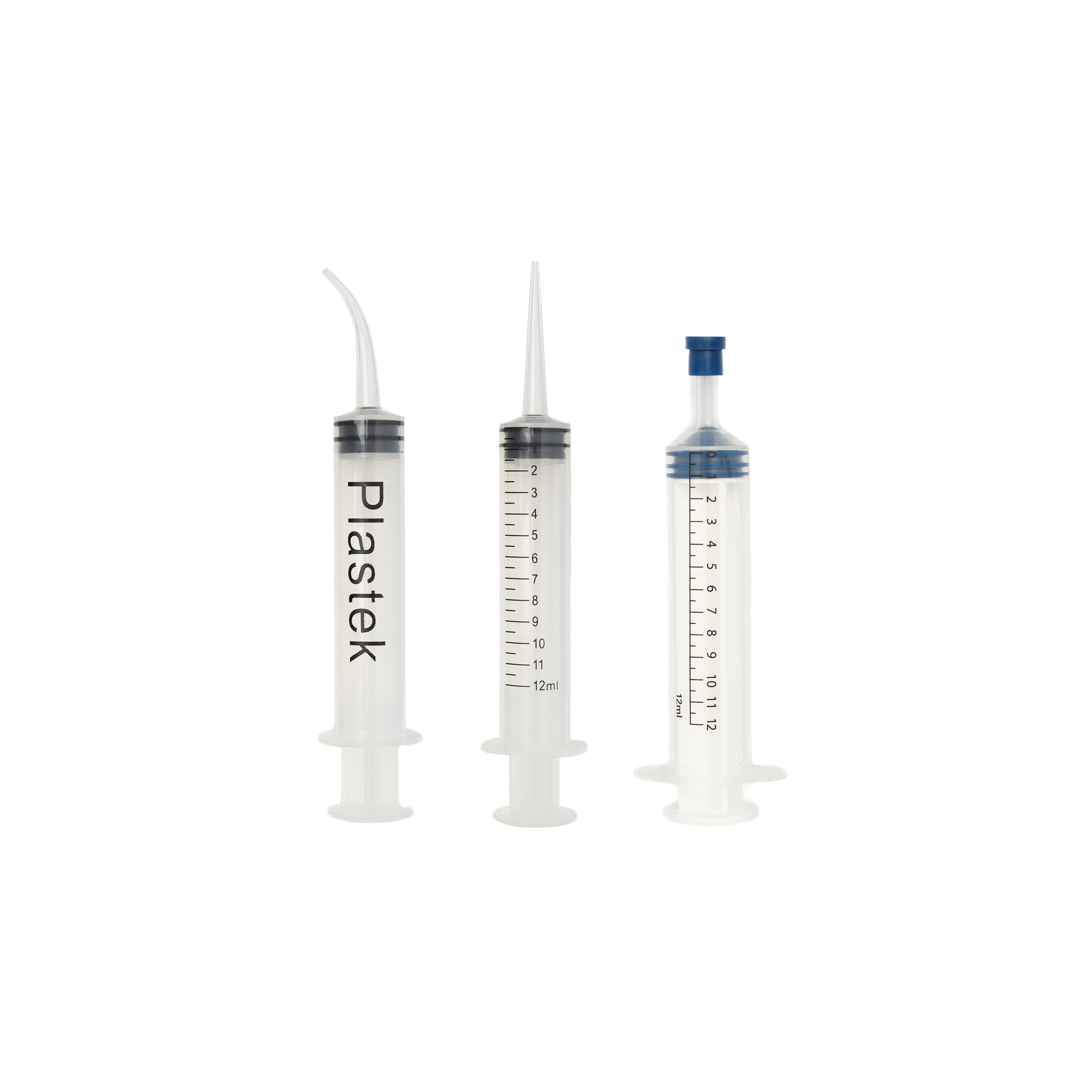 Image of all three syringes side by side. Left to right: P-18, P-18-STR, P-12ML-SYR-LL-C.